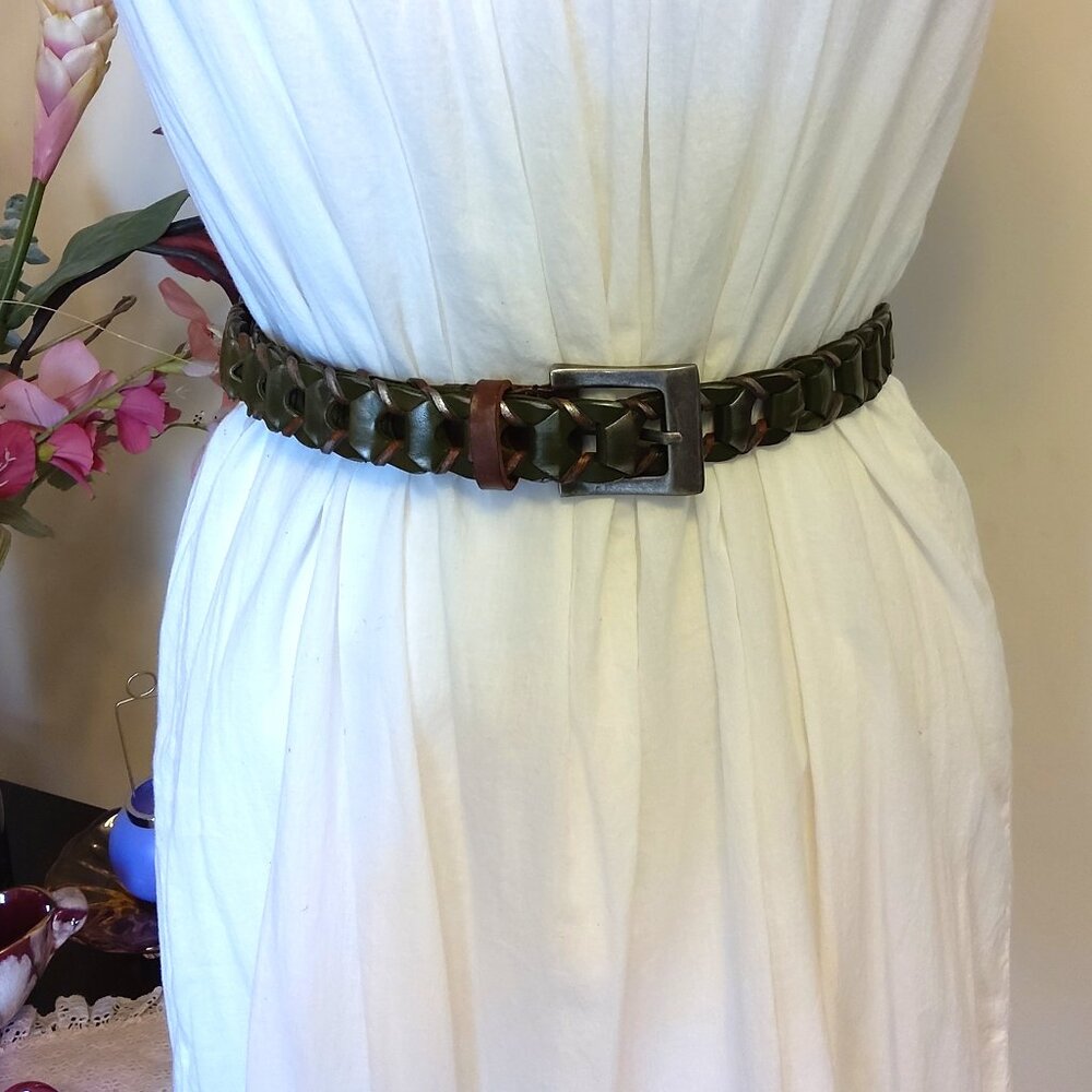 VTG Genuine Leather Waist Belt Olive Green Brown Braided Fashion Belt for Jeans